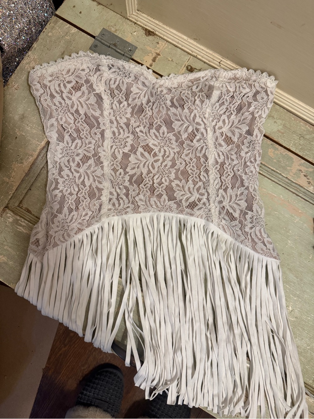 White Lace Strapless Fringe Corset Bustier Top Size S